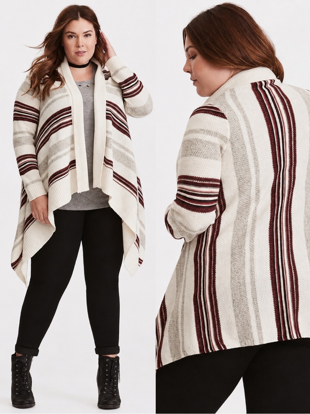 Torrid Striped Knit Open Drape Ivory/Burgundy Waterfall Cardigan | 2X